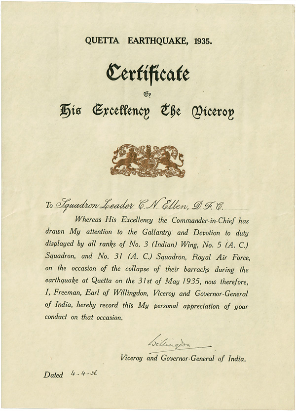 The Certificate which Cyril Ellen received from The Viceroy of India after the Quetta Earthquake