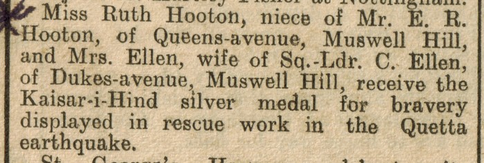 Newspaper article regarding the Kaisar-i-Hind Silver Medal awarded to Gladys Lily Ellen, nee Gardner