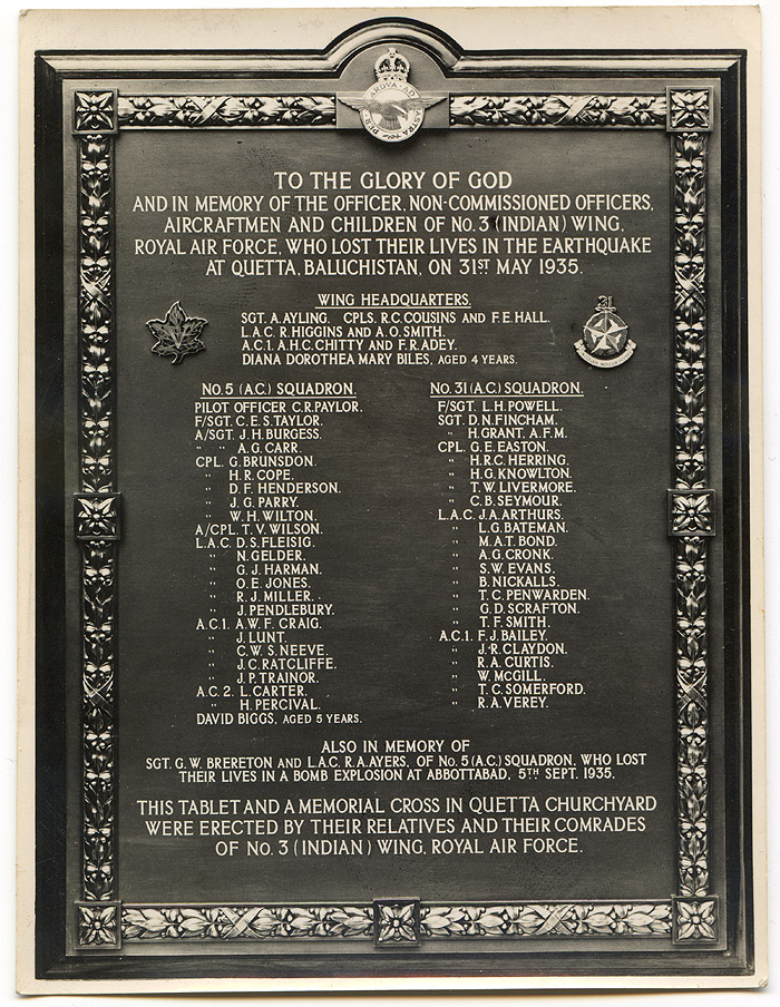 Memorial Tablet for those in No. 3 (Indian) Wing, Royal Air Force, who lost their lives in the Quetta Earthquake