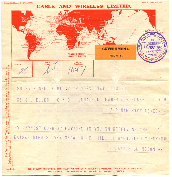 Telegram to Gladys Ellen announcing the award of the Kaisar-i-Hind Silver Medal