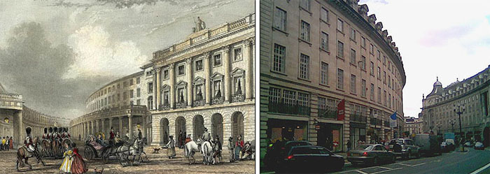 Image Regent Street, London, 1837 and modern day.<br>William E Dando and Sarah (nee Oliver) lived at No. 86 in 1875/76.